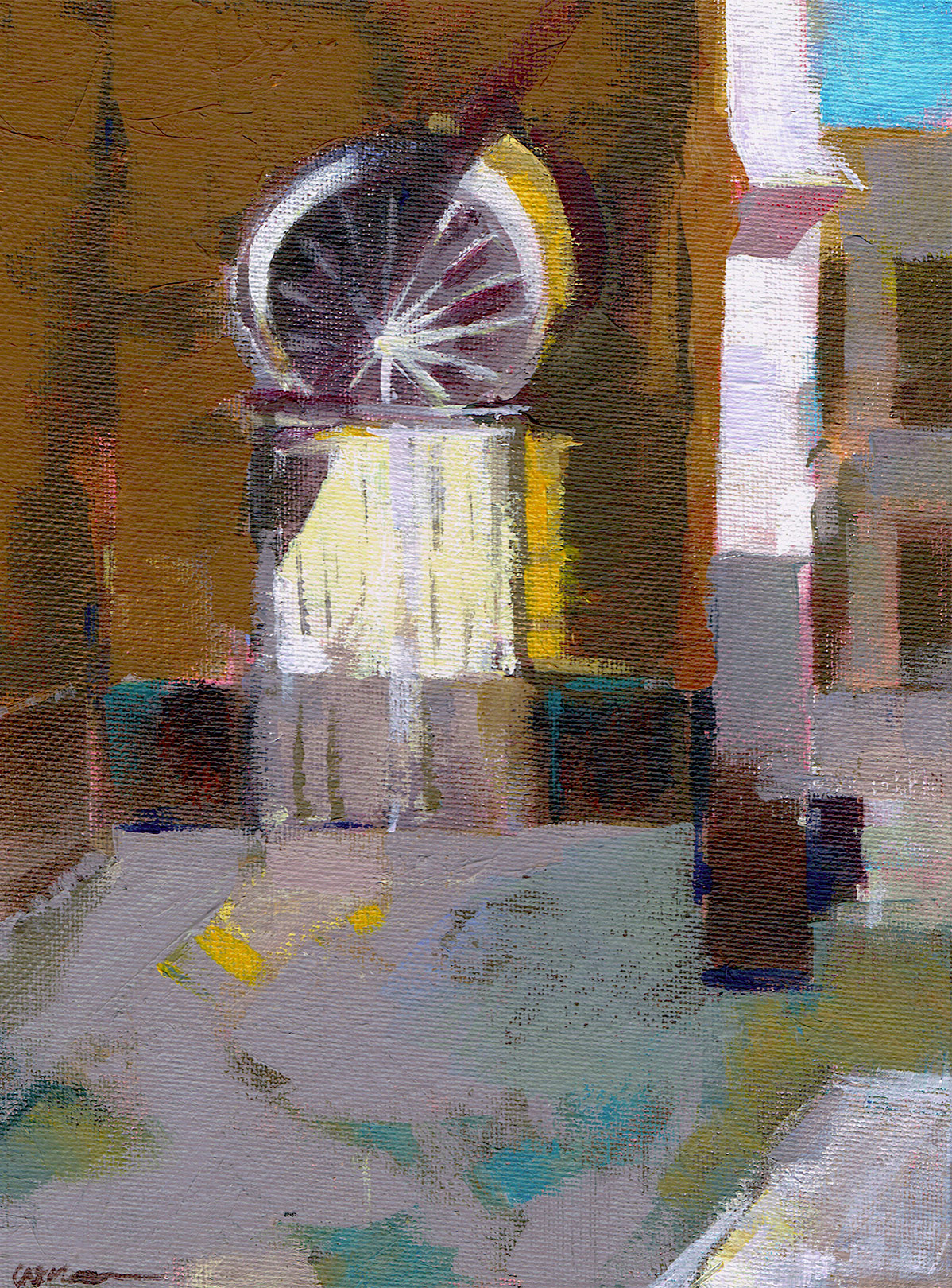 Shadows at the Biblioteca Municipal Gate, Faro Painting of the entrance to Biblioteca Municipal in Faro, with a dramatic shadow cast under the archway.