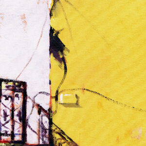 Painting of a veranda’s intricate shadow cast on a yellow wall in Faro.