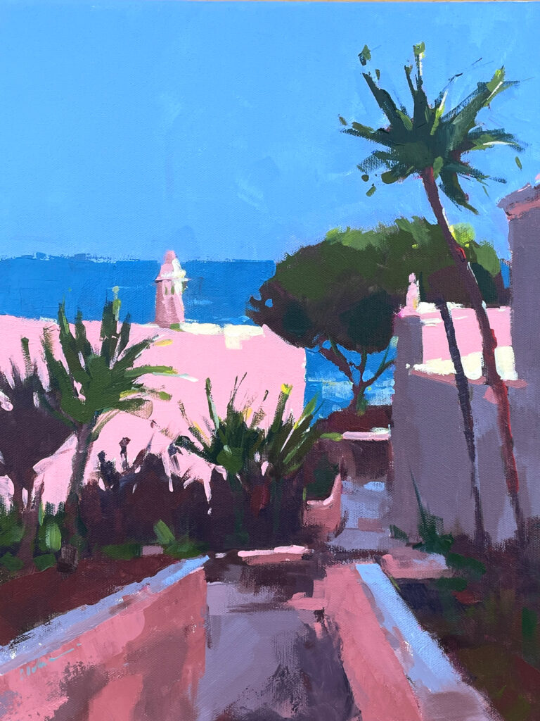 Large-scale acrylic painting of soft pink walls with contrasting shadow and a distant sea horizon in the Algarve.