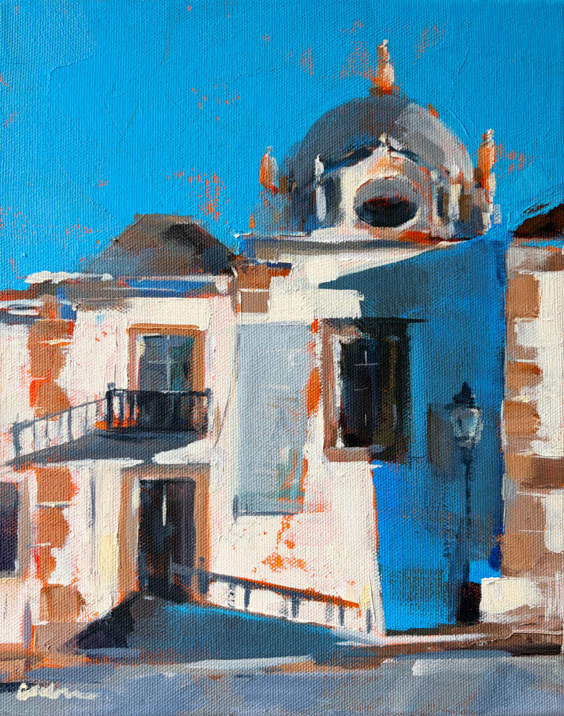 Large-scale acrylic painting of the Renaissance exterior of the Convento de Nossa Senhora da Assunção, home of the Museo Municipal in Faro, Algarve.