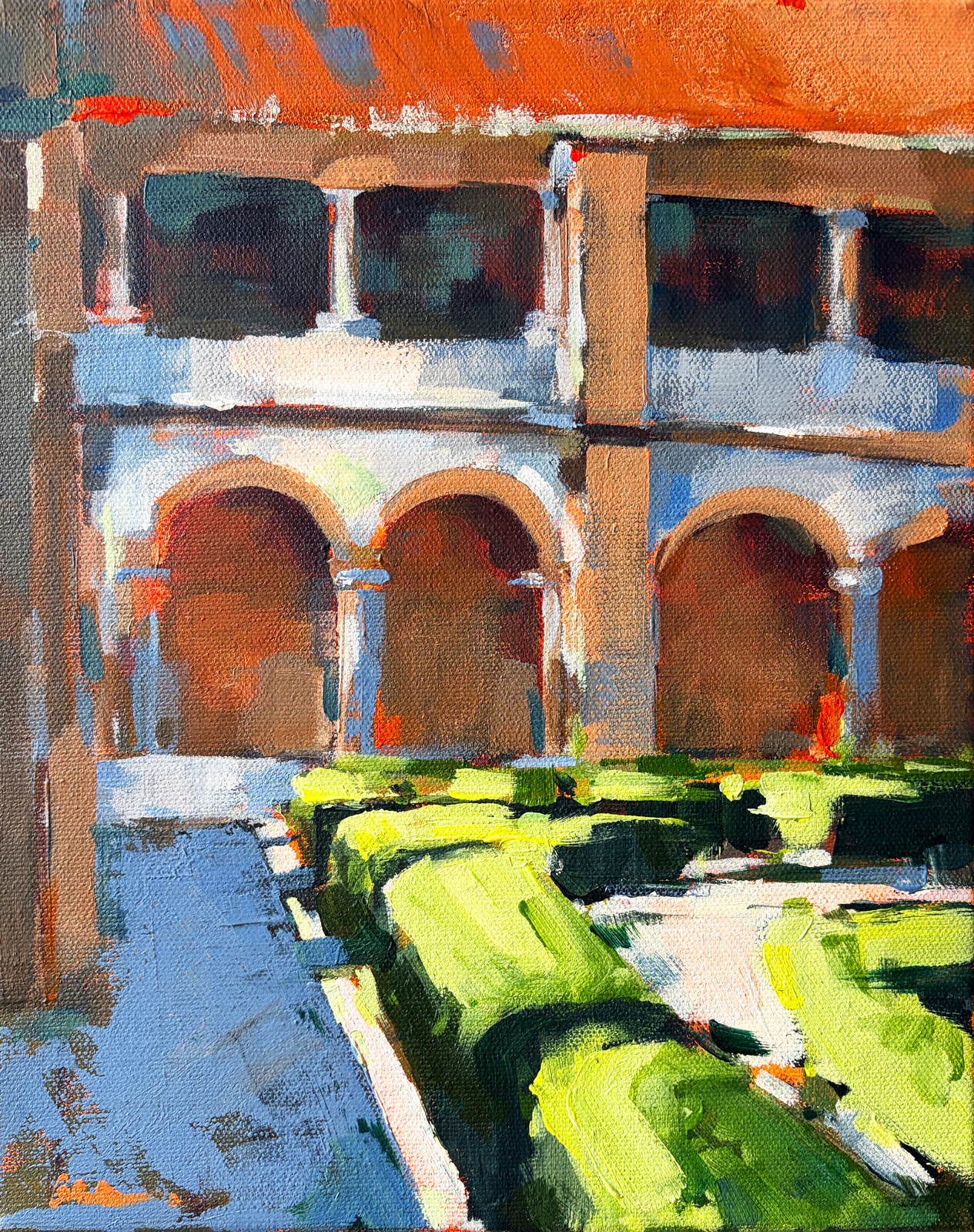 Interior Courtyard of Convento de Nossa Senhora da Assunção, Faro Algarve Acrylic painting of the interior courtyard of the Convento de Nossa Senhora da Assunção, Faro, with Renaissance archways casting geometric shadows.