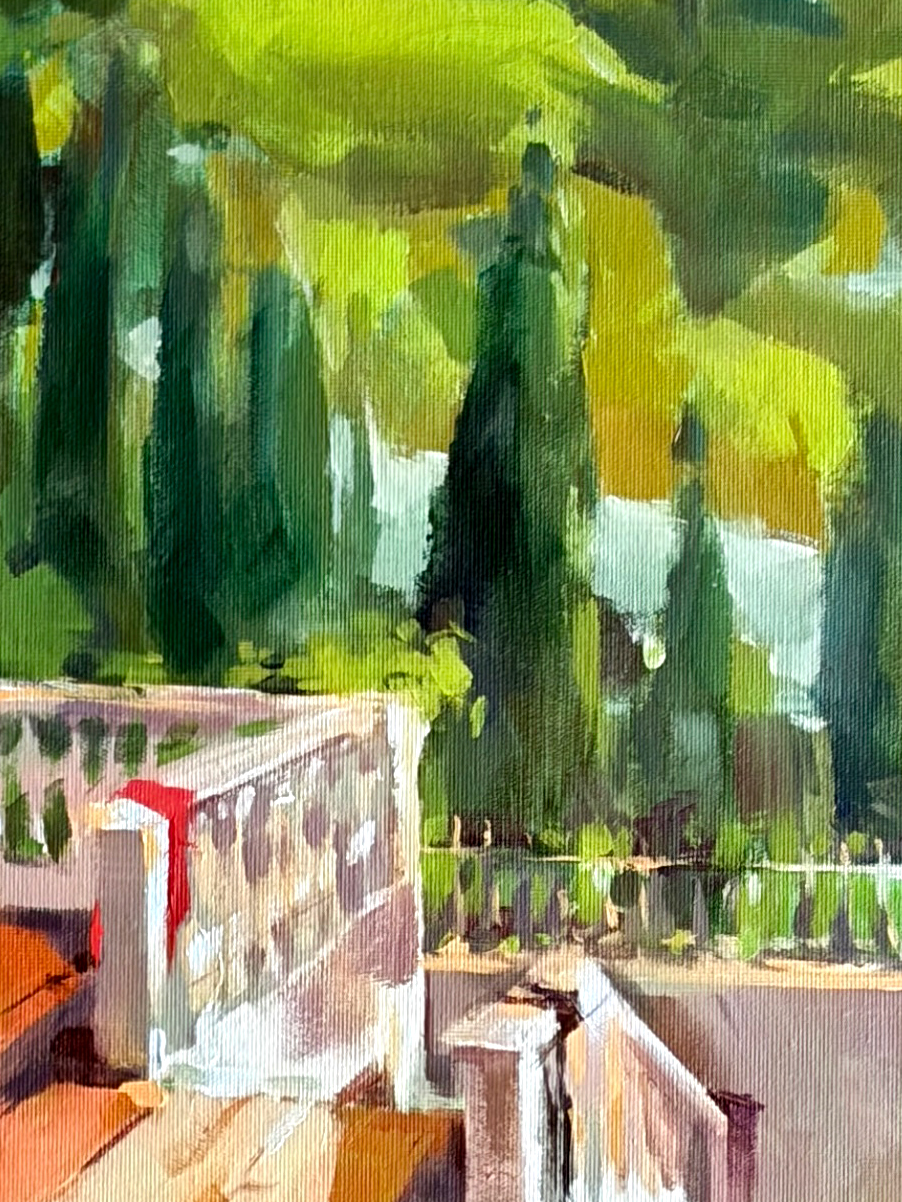 Large-scale acrylic painting of the Casa Amor facade with yellow chairs and ornamental verandas casting shadows in Olhão, Algarve.