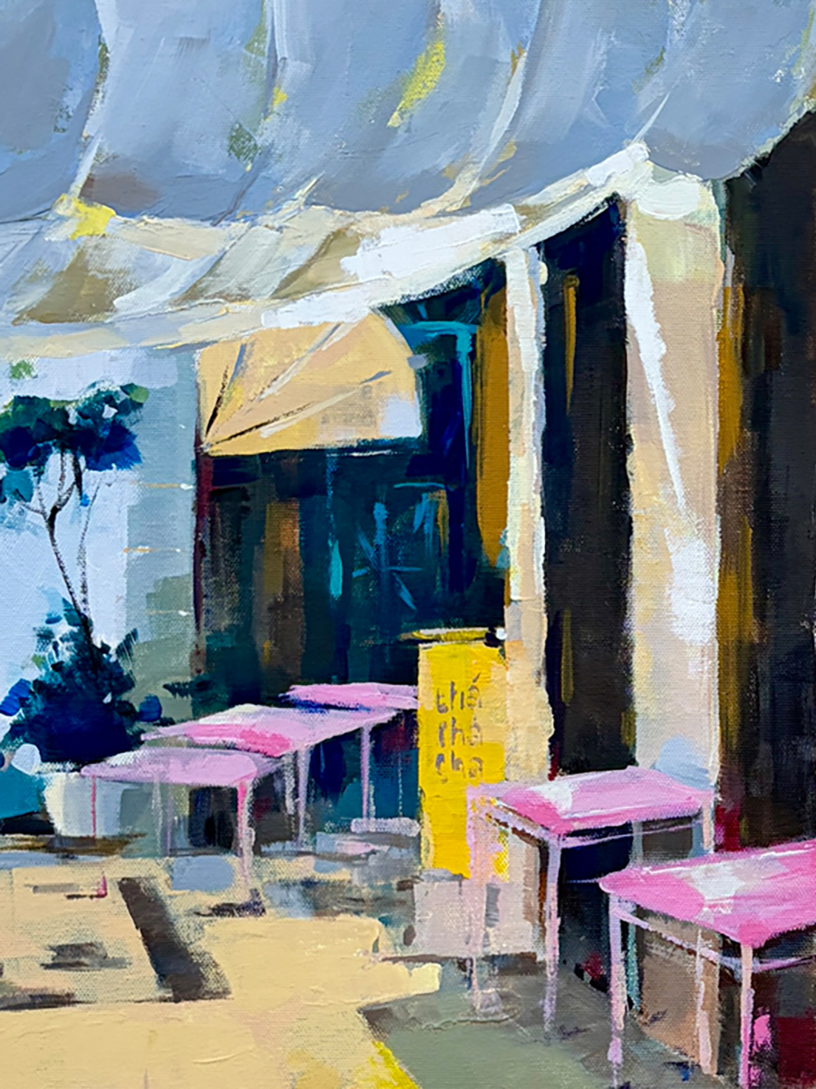 Acrylic painting of the passage to Cais das Portas do Mar in Faro’s old town, with shimmering sea visible through the gate, Algarve.