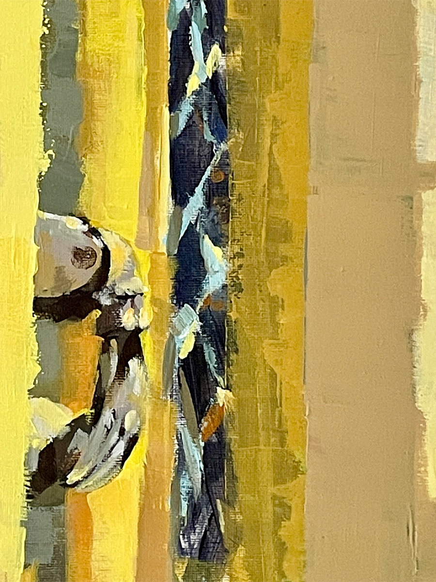 Large-scale acrylic painting of a peach-colored wall with a weathered wooden door and broken glass window in Olhão, Algarve.