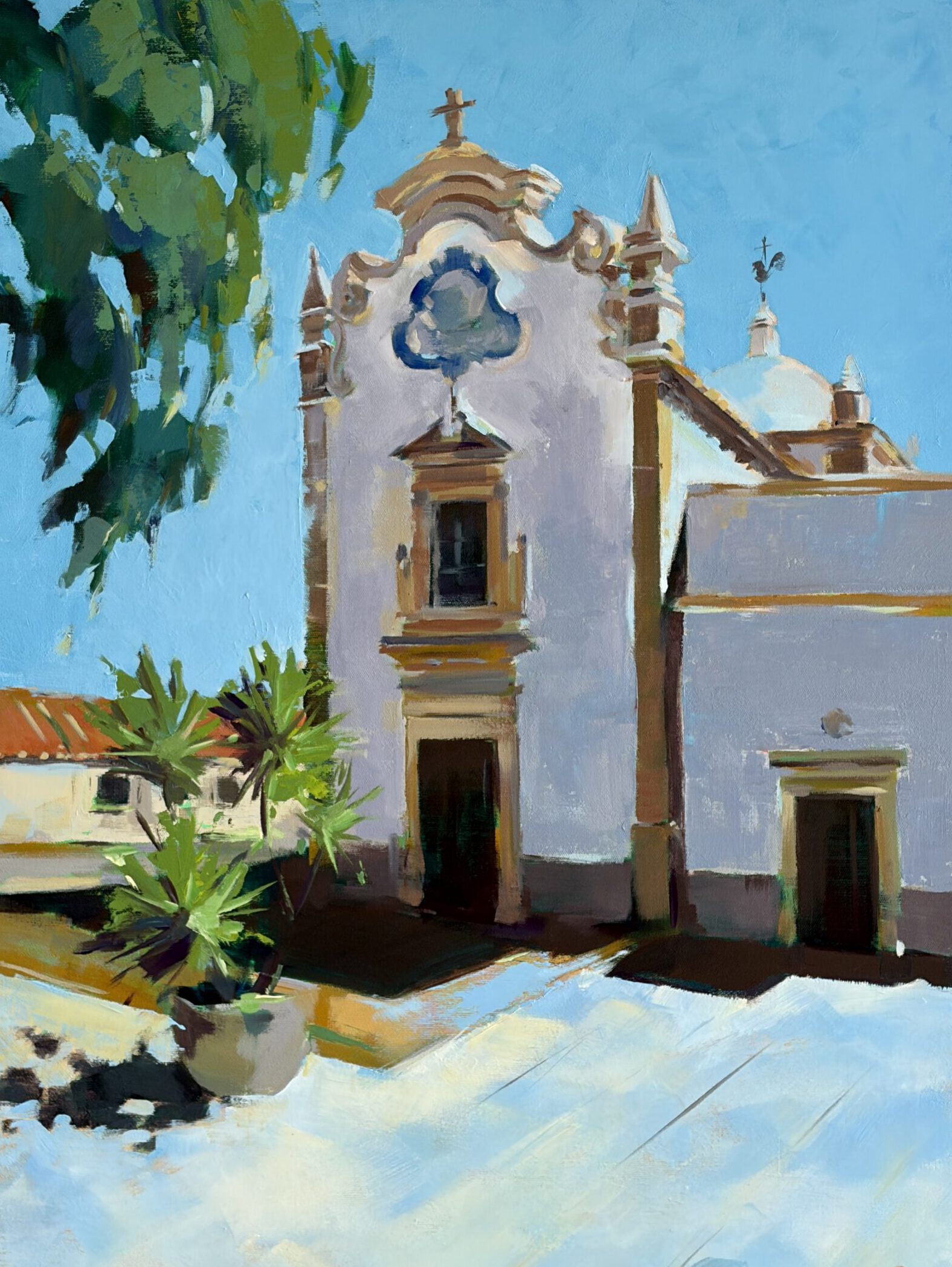 SaoLourenco Painting of a palm tree casting a shadow on a sunlit pavement in Faro.