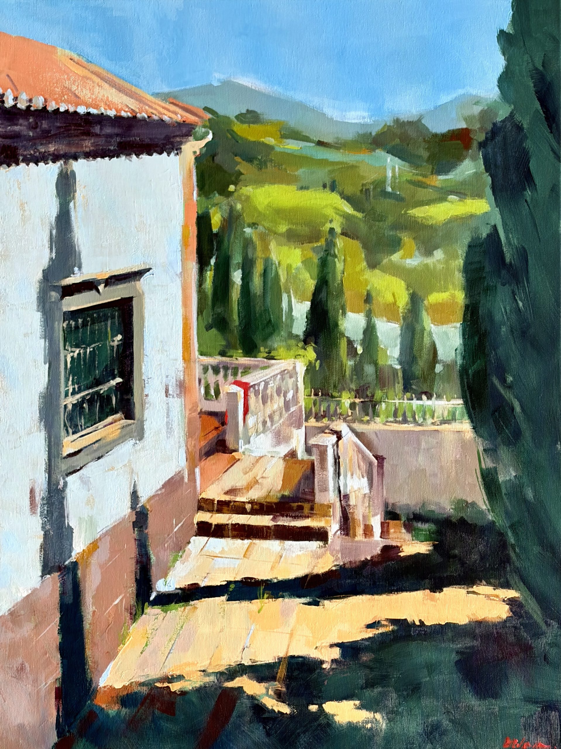 Commissioned painting of a traditional Algarve house behind São Lourenço Church in Almancil, Portugal