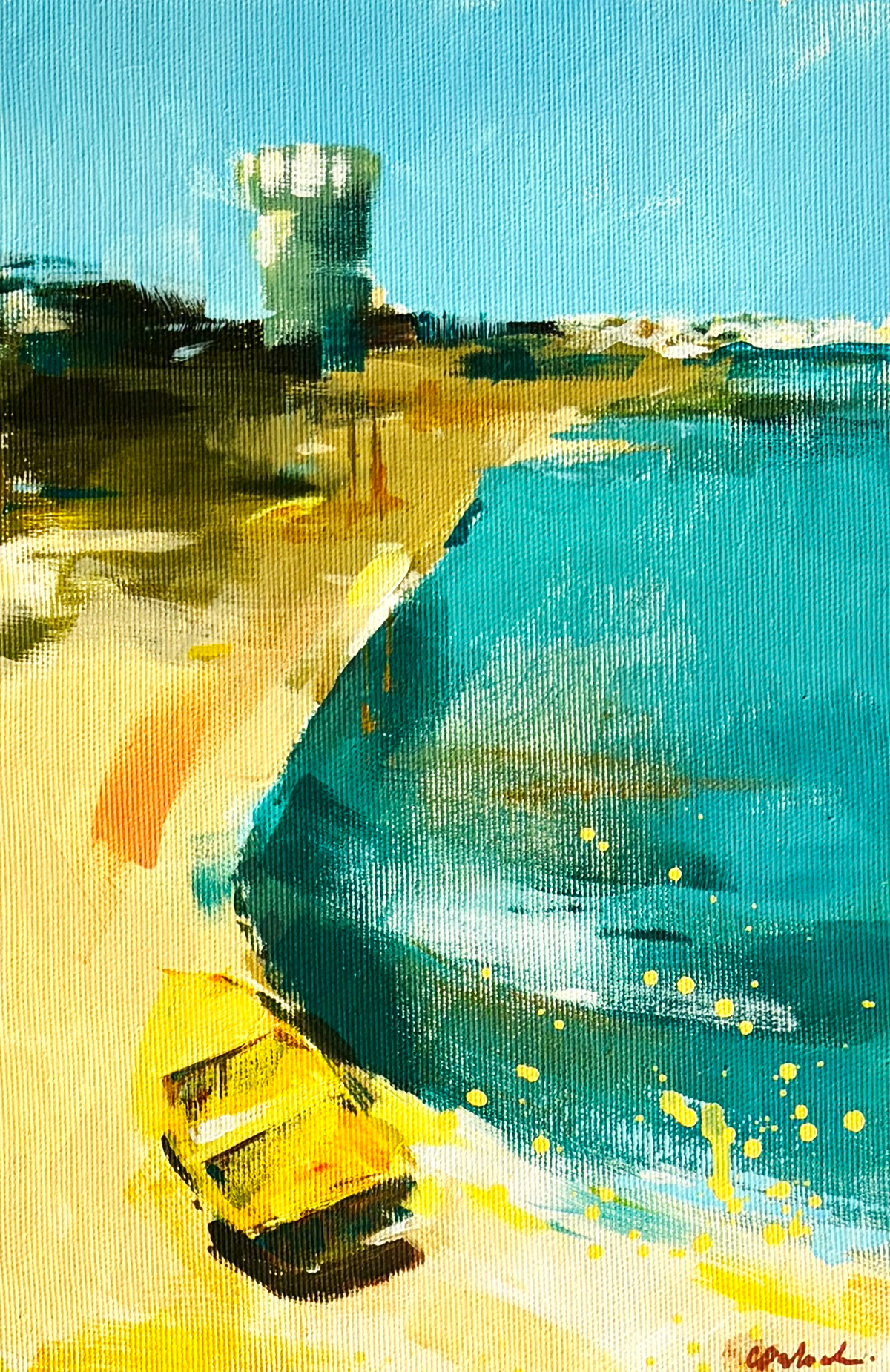 Painting of a sunlit palm leaves in Jardim da Alameda, Faro.